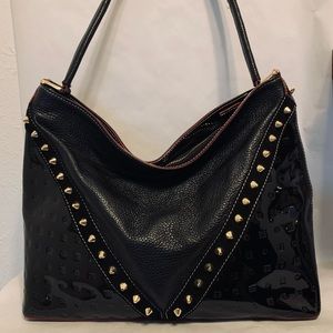 NWOT Arcadia Italian Black Leather +Patent Studs Shoulder Bag Purse Handbag ASIS